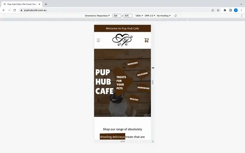 Resizing a web browser to show the responsiveness of the Pup Hub Cafe website from mobile to desktop.