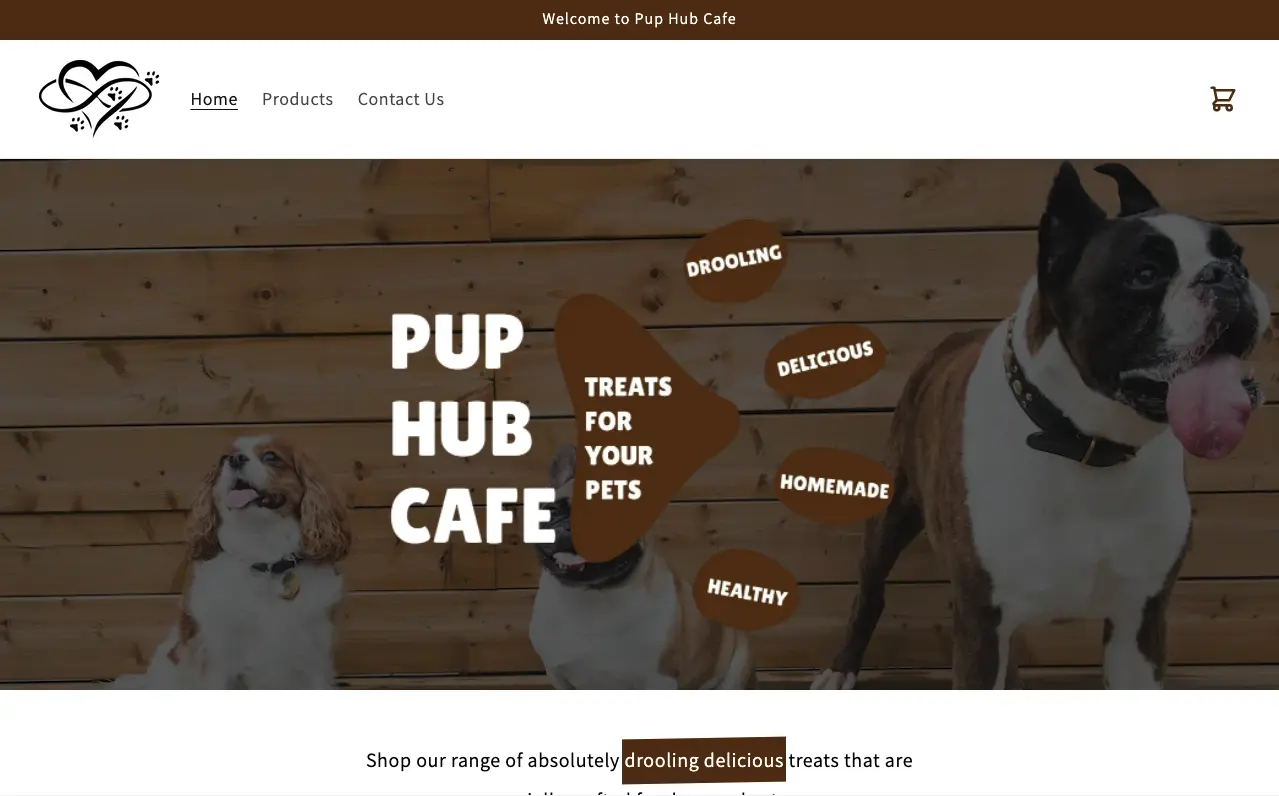 The homepage of Pup Hub Cafe website.