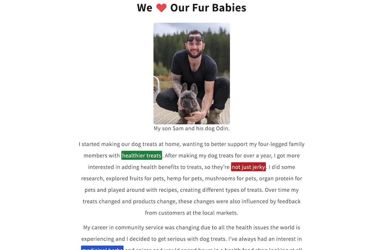 The We Love Our Fur Babies section from the Pup Hub Cafe website.
