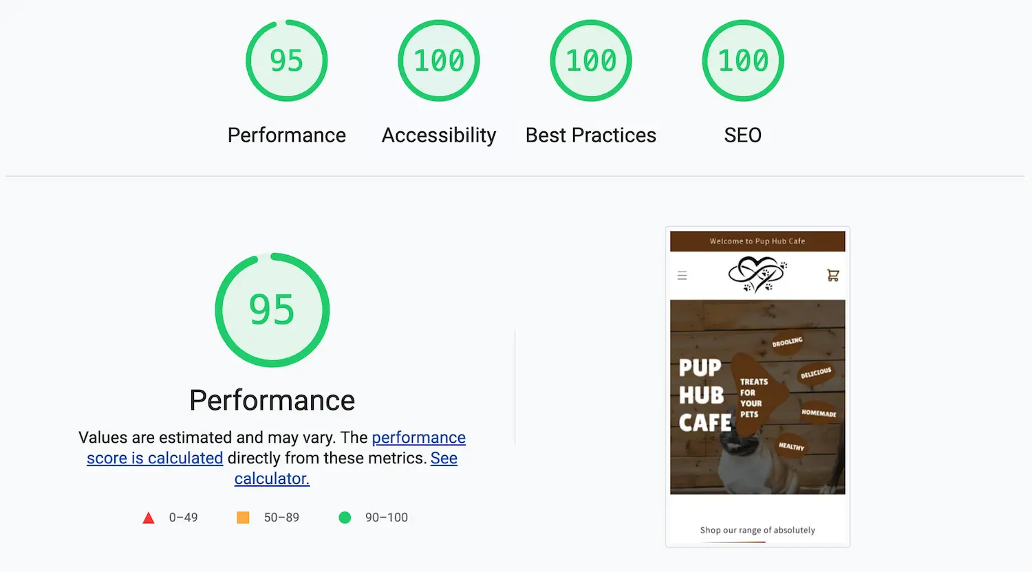 Results of running the PageSpeed Insights tool by Google on the website of Pup Hub Cafe.
