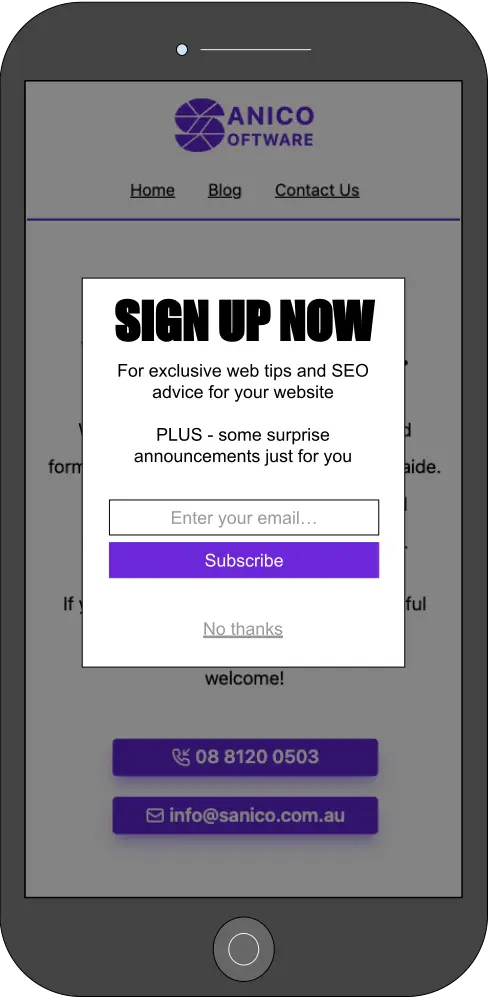 A mobile phone with an intrusive popup obstructing the website content. 