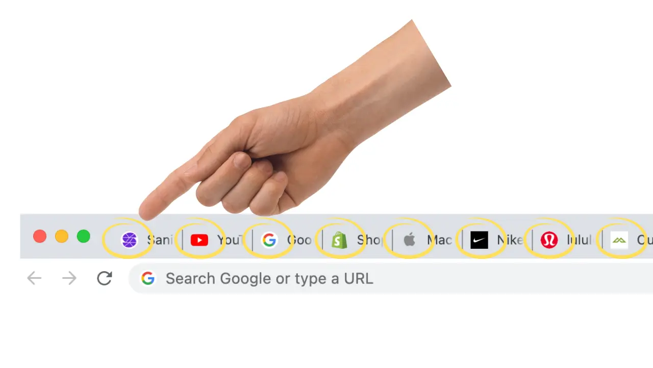 Hand pointing to the favicon of a website on a Google Chrome web browser tab.