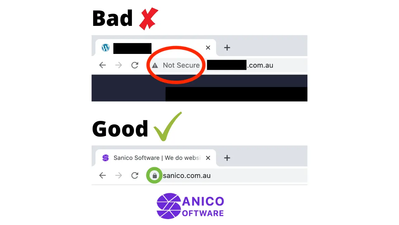 Comparing a website of a finance company in Adelaide that doesn't use HTTPS with the website by Sanico Software that does use a secure HTTPS connection.