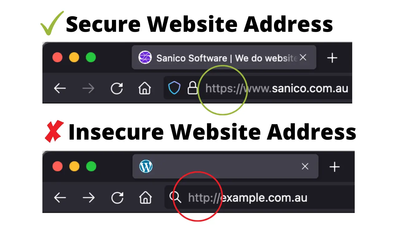 Comparing a HTTP website address with a HTTPS website address in a Firefox website browser session.