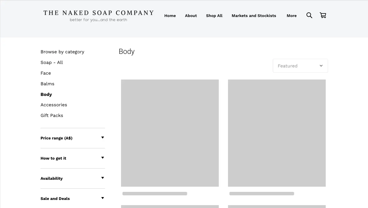 Products taking their time to load on the old website for The Naked Soap Company.