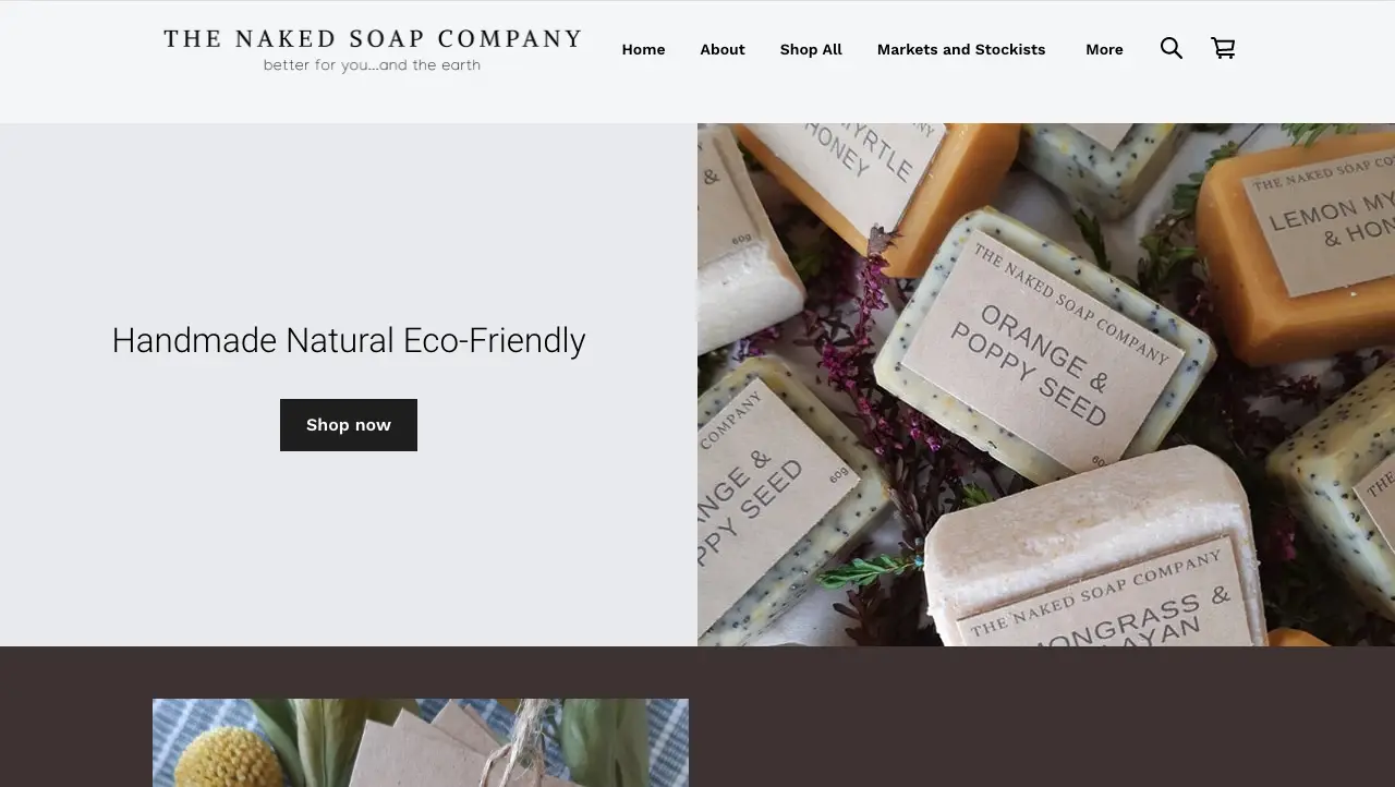 A screenshot of the old website home page for The Naked Soap Company.