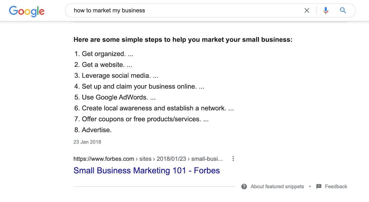 A screenshot of the search query &lsquo;how to market my business&rsquo; in Google.