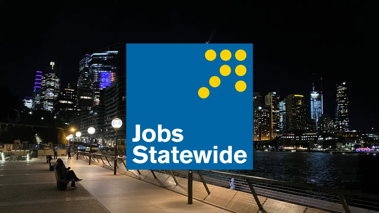 The Jobs Statewide logo on top a picture of the skyline of Sydney, Australia.